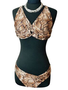 Antonio Melani Halter Bikini Set M Snake Print Tie Back Padded Top Swimsuit 2pc